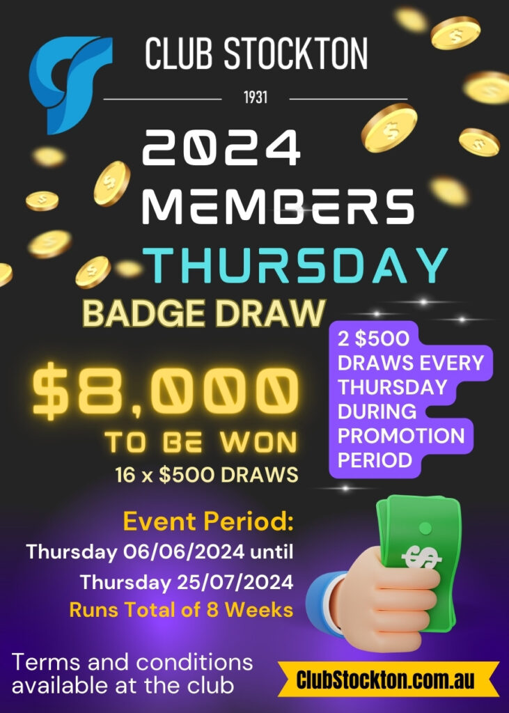 Members Thursday $8,000 Badge Draw 6 June to 25 July 2024 $500 per draw 16 draws 2 Draws per Thursday during promotion period