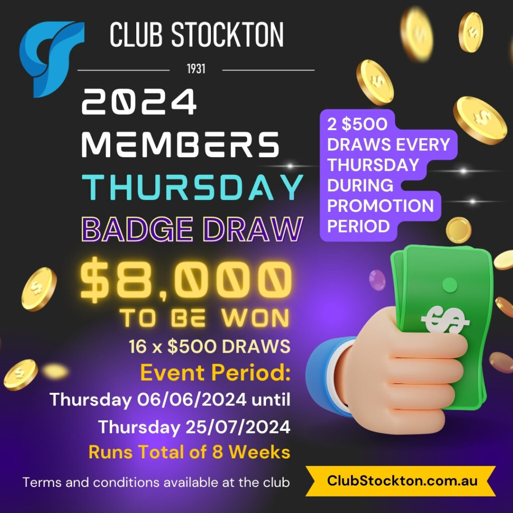 Members Thursday $8,000 Badge Draw 6 June to 25 July 2024 $500 per draw 16 draws 2 Draws per Thursday during promotion period