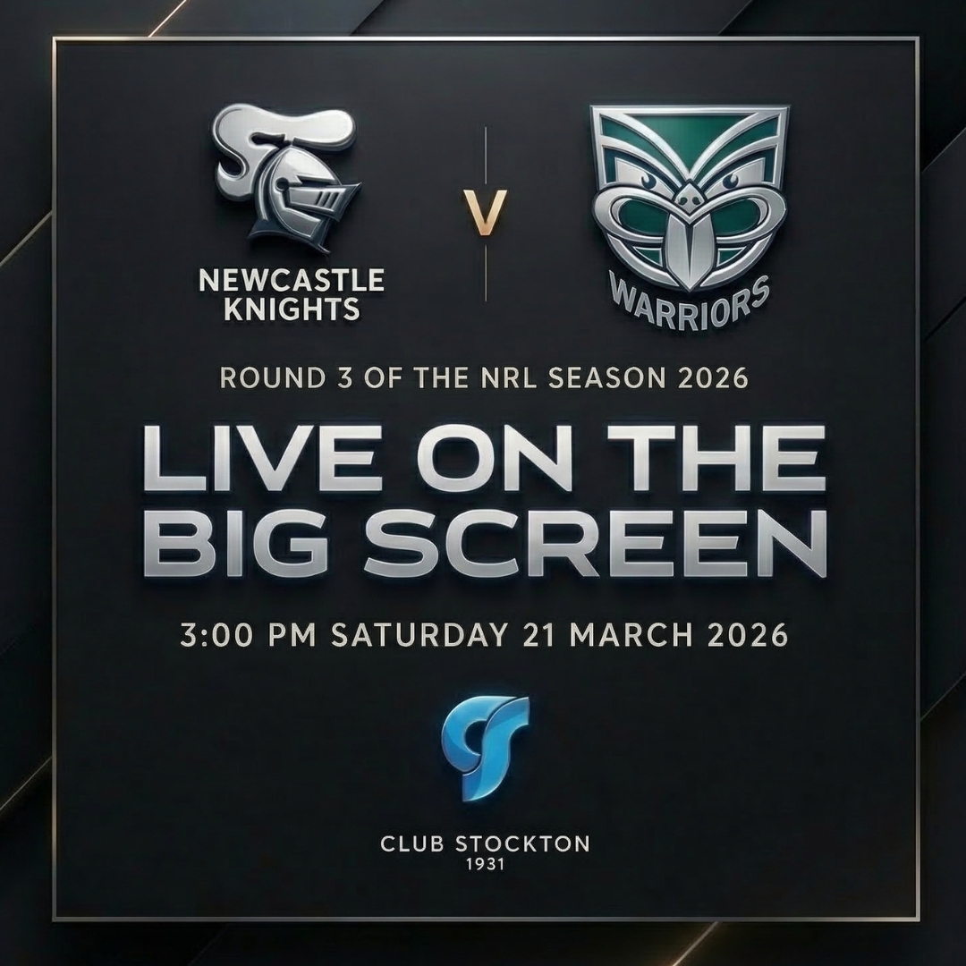 Catch the live action of Knights vs Warriors on the BIG Screen at Club Stockton