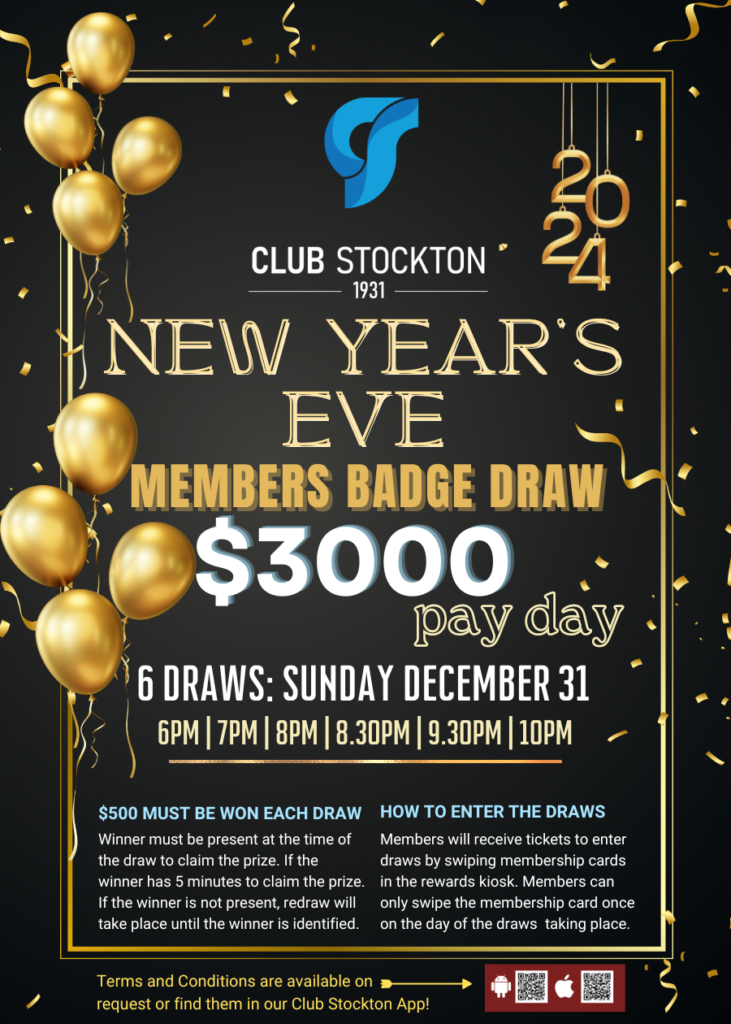 Club Stockton New Year's Eve 2024 Members Badge Draw. $3000 over 6 Draws